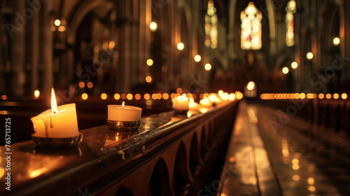 Cathedral Candlelight  Warm candlelight glowing inside a cathedral  highlighting the tranquil ambiance and spiritual calm of a sacred space.