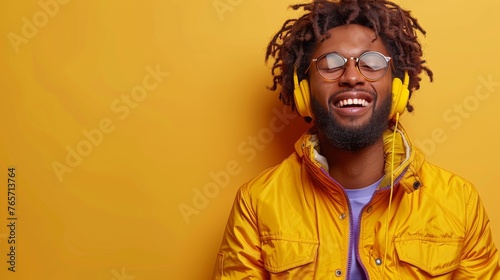 A man wearing glasses and a yellow sweater is smiling while holding a cell phone
