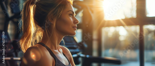 Fitness Radiance - Amidst gym equipment, a woman basks in a sunbeam, her profile etched with strength and contentment.