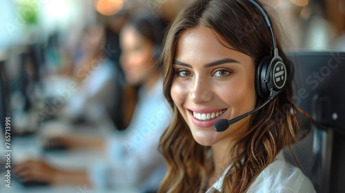 Smiling Customer Support Phone Operator at Work