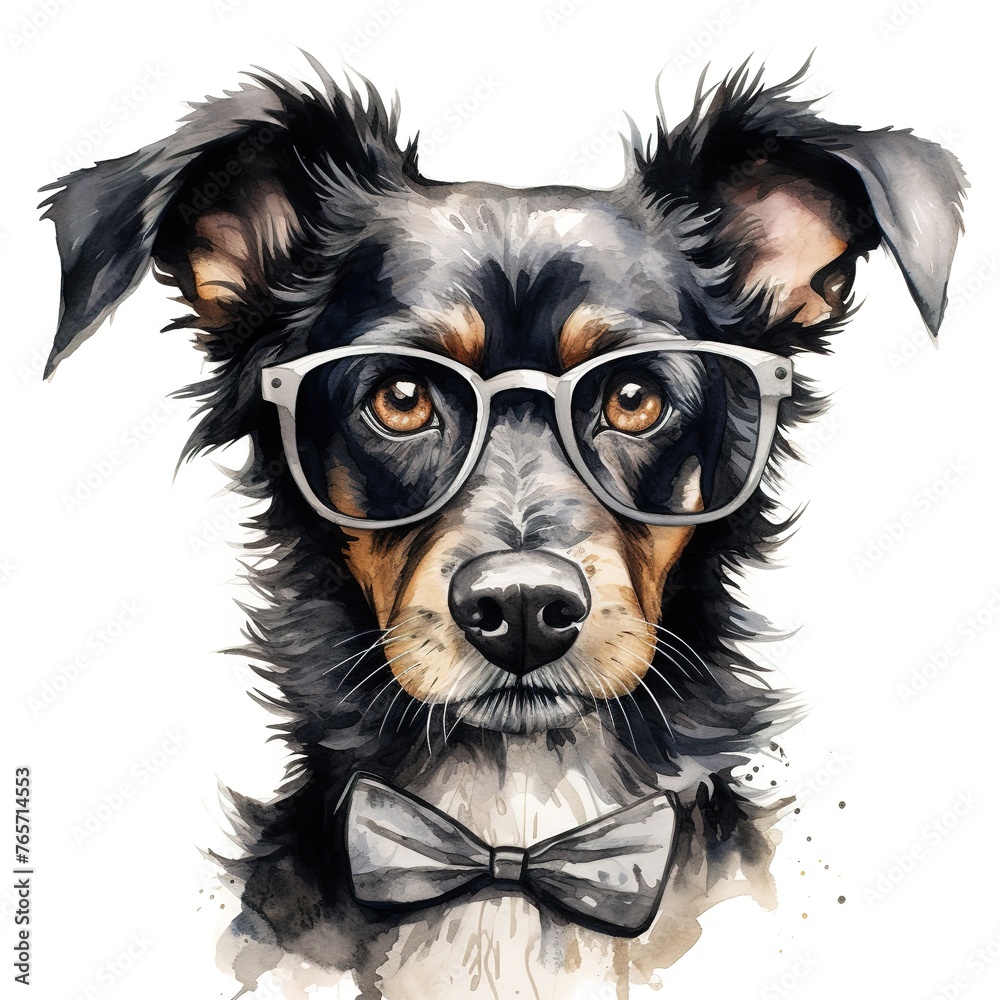 puppy wearing glasses and a bow tie. Stylized watercolour digital illustration of a cute dog