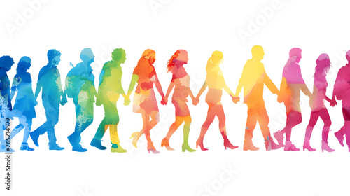 Colorful silhouettes of diverse people holding hands, Diversity Equity and Inclusion, modern company background