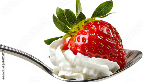 Strawberry with whipped cream on a spoon isolated on white background photo