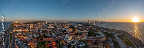Panorama of Cartagena, Colombia from drone at sunset 