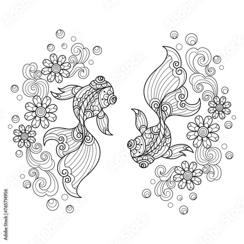 Goldfish and flower wave hand drawn for adult coloring book