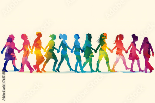 Colorful silhouettes of diverse people holding hands  Diversity Equity and Inclusion  modern company background