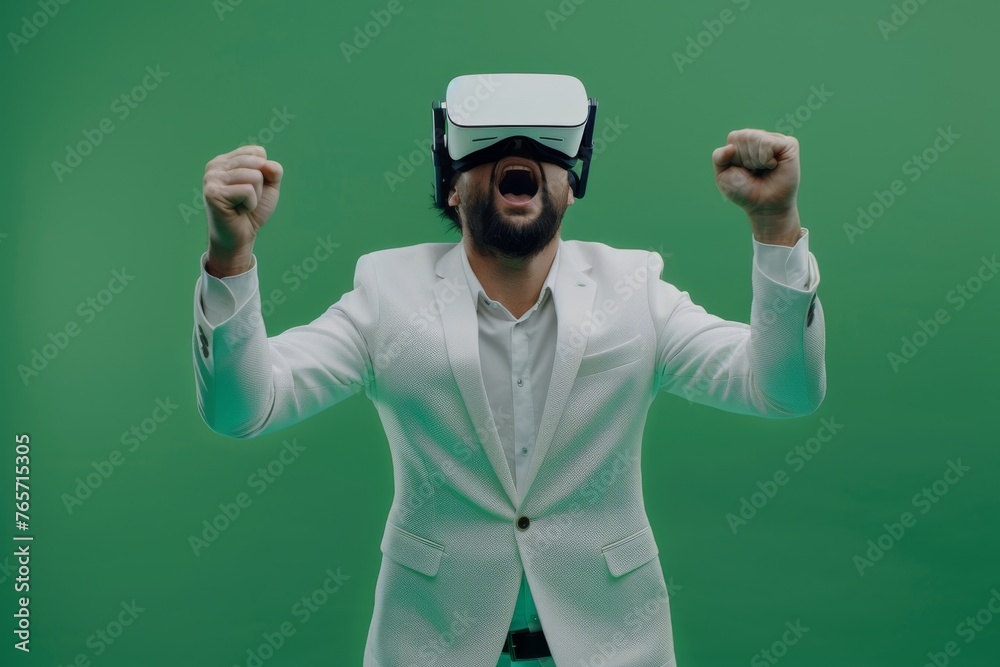 Fototapeta premium Man in White Suit Using Virtual Headset