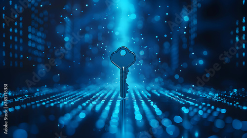 key on blue background, safety and data protection in the online and cyber concept, digital asset and blockchain technology security