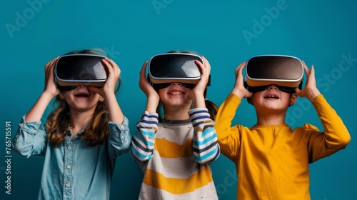 Three Young Children Wearing Virtual Headsets