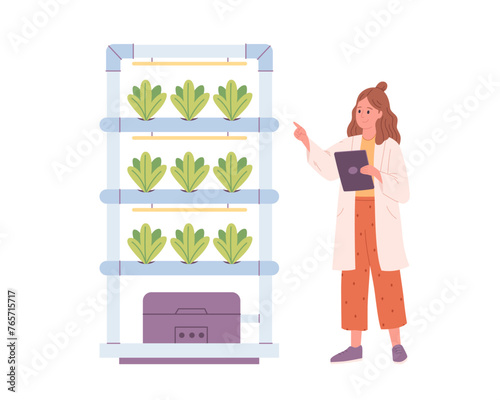 Hydroponics technology for plants growing. Vertical farming. Scientist or biologist grows plants in hydroponic farm. Smart farm. Vector illustration in flat style