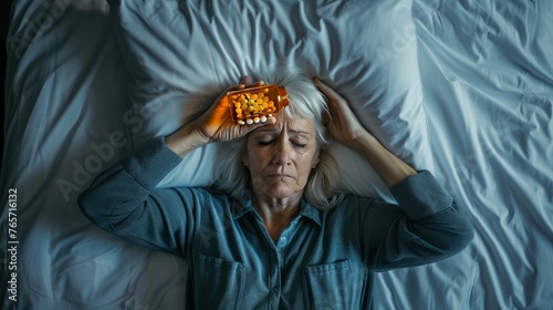Depressed mature woman lying in bed with bottle of pills top view, covering head with pillow, unhappy older female suffering from insomnia or depression, psychological problem, overdose concept