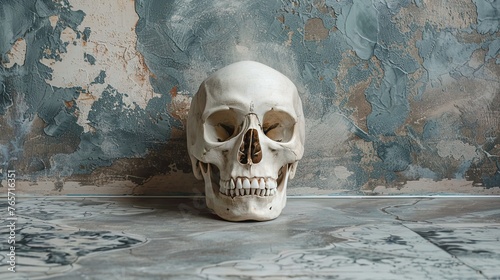 Grim Reminder: Human Skull Resting on Grunge Wall Background photo