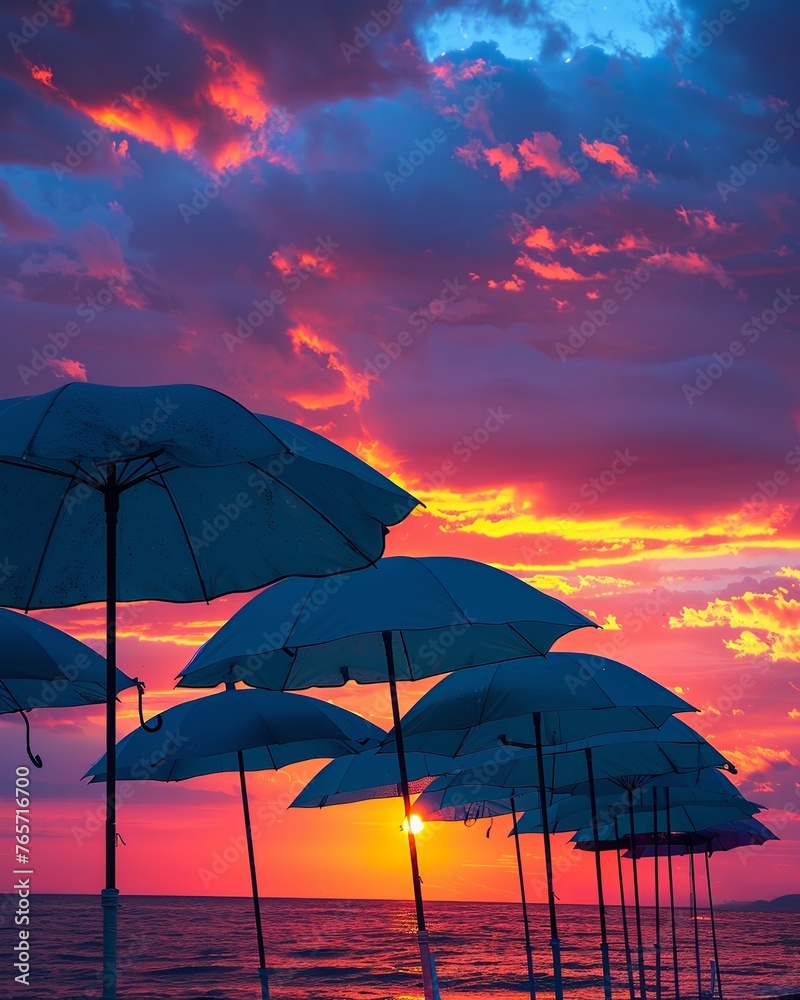 Create a striking low-angle composition featuring a row of umbrellas silhouetted against a glowing sunset sky Infuse the image with warmth and tranquility to convey a sense of serenity
