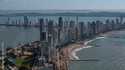 Drone image of Bocagrande in Cartagena  Colombia from above