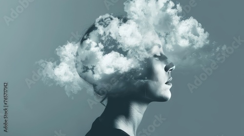 Illustration of mental health concept human silhouette of open mind with clouds covering on with intrusive thoughts disorders against gray background  photo