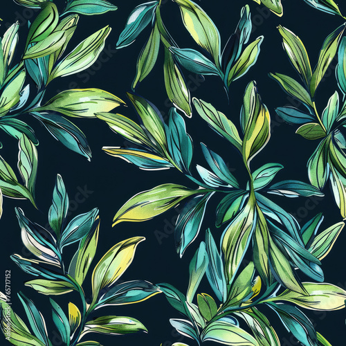 The botanical seamless pattern showcases hand-drawn fantasy exotic sprigs, a leaf ornament and floral background made of herbal foliage leaves.