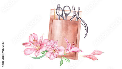 Manicure tools in paper heat drybag. Nail scissors, stick, trimmer, cuticle pusher. Sterilization of nail instruments. Tropical pink flowers, alstroemeria. Watercolor illustration isolated on white. photo