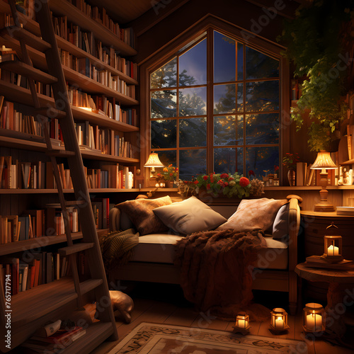 A cozy reading nook with shelves of books and soft cushions