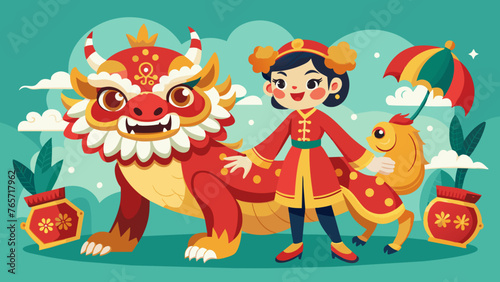  Traditional Chinese Lion Dance Featuring a Chinese Girl  Hand-Drawn Illustration 