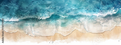 Watercolor banner with a sea beach. Watercolor summer illustration background of the sea coast top view.