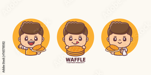 cute man cartoon and waffle with different expressions and poses