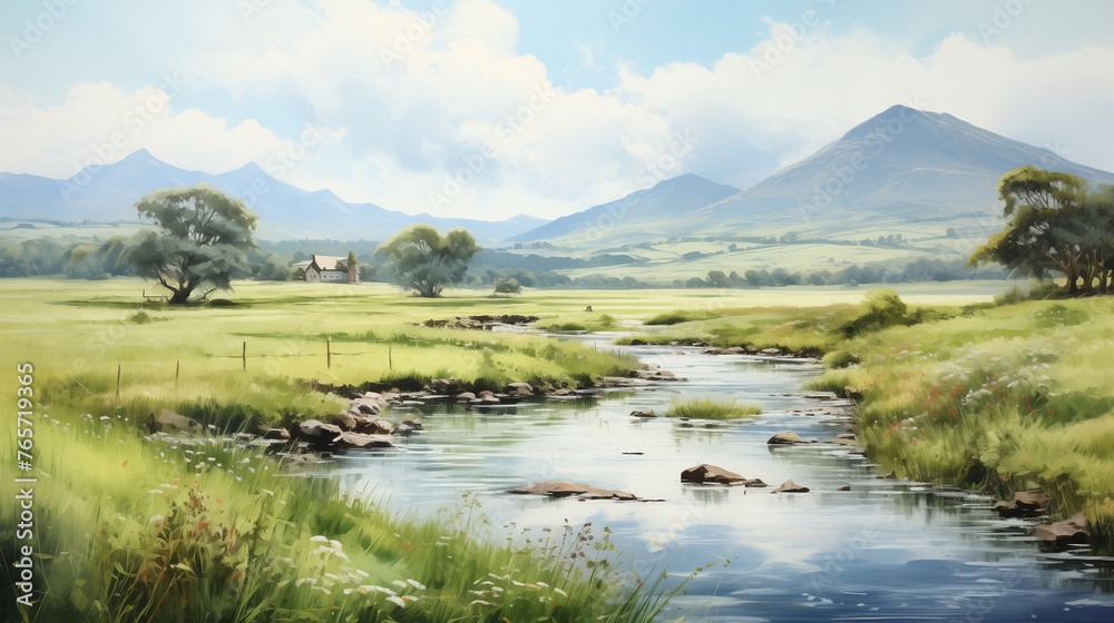 A tranquil watercolor painting showcasing a calm river meandering through a serene countryside.