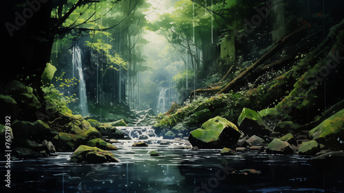 Lush tropical jungle depicted in a refreshing watercolor artwork, featuring mesmerizing cascading waterfalls.