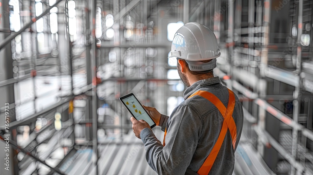 Construction Site Inspection: Civil Engineer/Architect Checking Schedule on Tablet with Hardhat