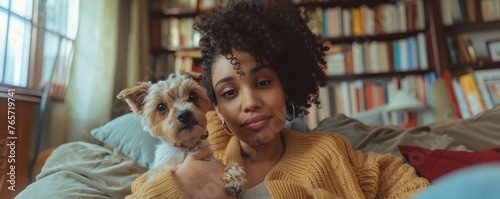 Young woman of varied background taking selfies with a terrier capturing joyful moments indoor photo