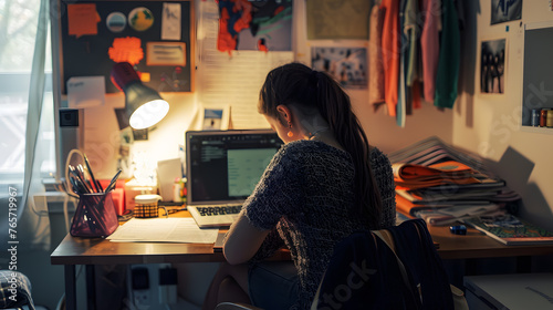 A college student sitting at her desk in her dorm room, studying, with details of the student's concentration, the dorm room's organized layout, and the study materials that are being used.