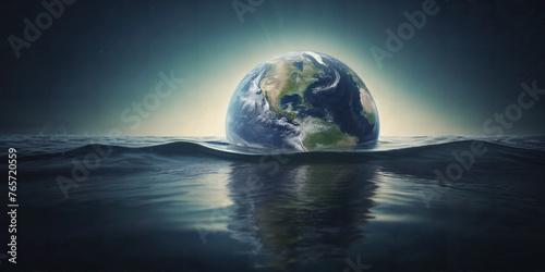 Earth drowning in the ocean. Earth day concept