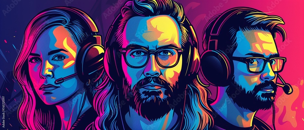 Podcasting hosts illustrated in a unique art style Podcasting hosts illustrated in a unique art style