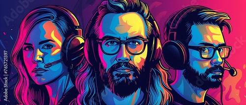 Podcasting hosts illustrated in a unique art style