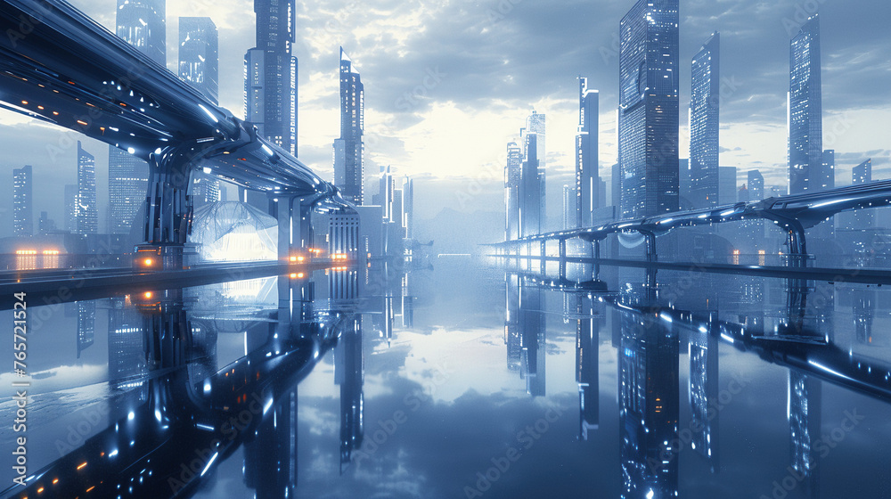 Fototapeta premium Futuristic Cityscape with Bridges and Skyscrapers