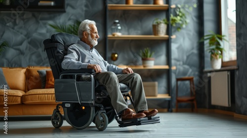 A person with mobility impairments using a lift chair or recliner with powered elevation for easier standing photo