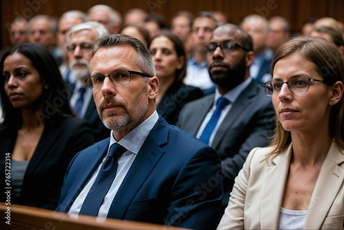 Men, women, members of the public sit in the public gallery of a courtroom observing a trial at a court house. Crowds of people sitting and listening to a speaker talk at a lecture or a conference.