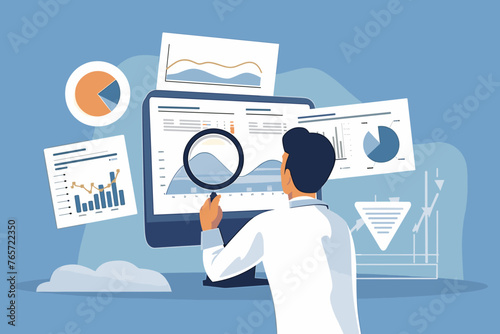 Businessman analyzing SEO optimization research report with magnifying glass, examining website traffic statistics charts and graphs on dashboard to improve search engine rankings and performance. photo