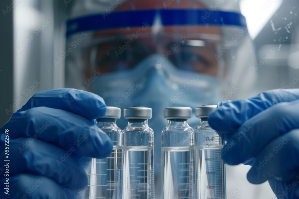 Medical Gloves Handling Test Tube Vials in Laboratory, Vaccine, Scientist - Generative AI