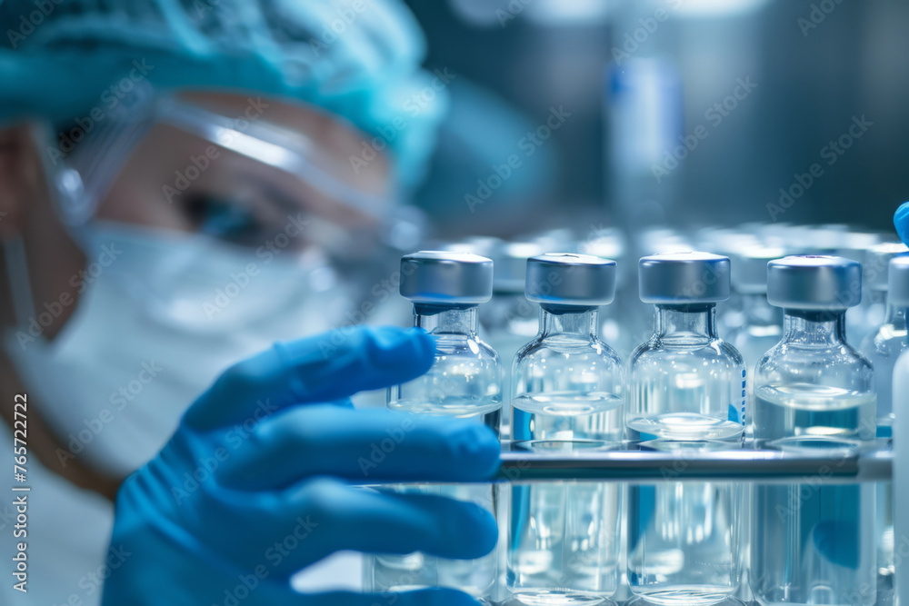 Medical Gloves Handling Test Tube Vials in Laboratory, Vaccine, Scientist - Generative AI