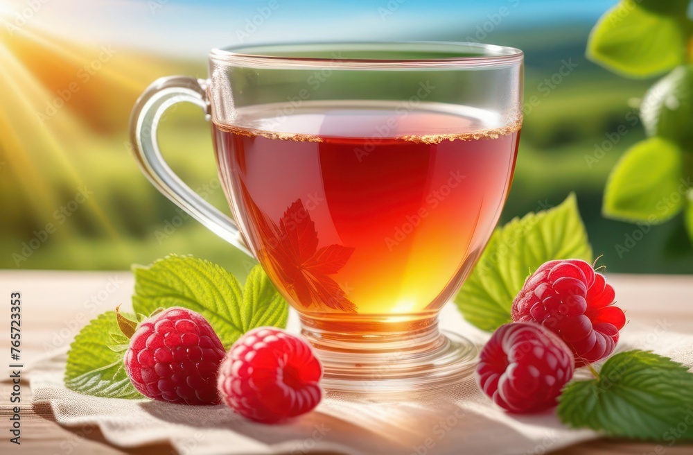 raspberries and leaves are poured into a glass cup of tea on top on a bright sunny background raspberries and leaves are poured into a glass cup of tea on top on a bright sunny background
