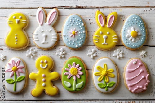 Colorful Easter Cookies on White Wooden Background - Delicious Spring Dessert with Icing, Hare and Flower Decoration