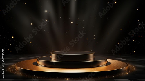 Black podium or pedestal with golden light and glittering for product display and presentation background.