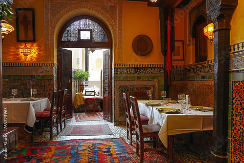 A Berber Arab Moroccan Riad House with mosaik walls and floor, sofas / the typical furniture in North Africa, Morocco, Fes, Marrakesh, Casablanca