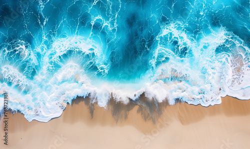 Ocean beach aerial top down view with blue water, waves with foam and spray and fine sand, beautiful summer vacation holidays destination -1.jpg, Ocean beach aerial top down view with blue water, wave