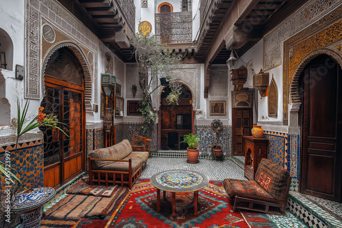 Typical Moroccan riad house, all the walls are full with brown mosaic and carpets - Fes, Africa, Morocco 