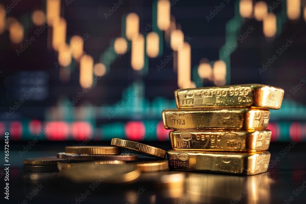 A stack of gold bars and coins placed on a reflective surface with stock market data in the background, indicating financial growth and investment. A stack of gold bars and coins placed on a reflective surface with stock market data in the background, indicating financial growth and investment.