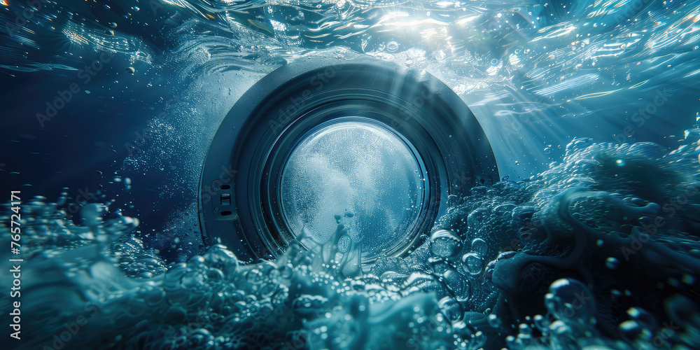 Ocean Swirl: Creative View Through Washing Machine Door. Advertising creative banner to promote washing machines and laundry products, sea freshness. - obrazy, fototapety, plakaty 