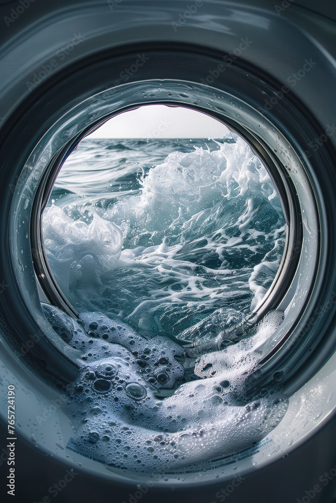 Ocean Swirl: Creative View Through Washing Machine Door. Advertising creative banner to promote washing machines and laundry products, sea freshness. Ocean Swirl: Creative View Through Washing Machine Door. Advertising creative banner to promote washing machines and laundry products, sea freshness.