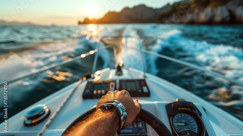 Hand of man on steering wheel sailboat. Hands on the sailboat's steering wheel Yacht. Close-up of a mans hands on yacht steering wheel. Helm yacht photo