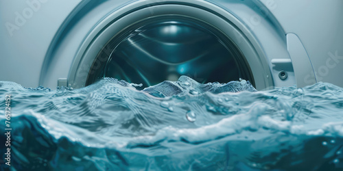 Ocean Swirl: Creative View Through Washing Machine Door. Advertising creative banner to promote washing machines and laundry products, sea freshness. photo